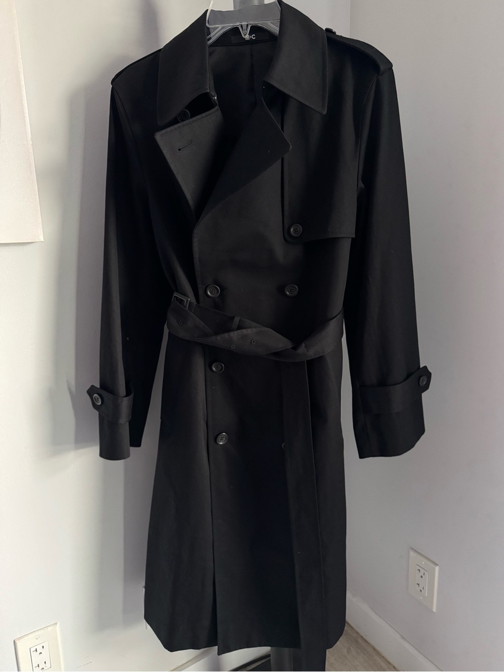Uniqlo Black Cotton Double Breasted Structured Chic Long Trench Coat w Belt SM - Picture 4 of 13